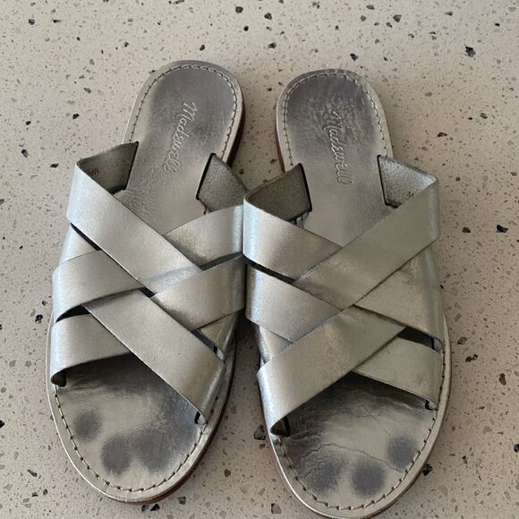 Madewell Shoes - Madewell The Boardwalk Woven Silver Leather Slide Casual Sandals Women Size 8.5